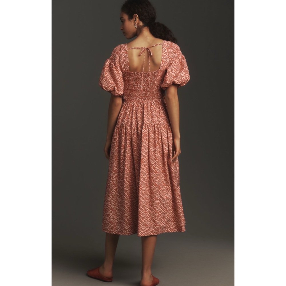 Anthropologie Red Floral Smocked Puff Sleeve Midi Dress Square Neck Large NWT - Picture 5 of 5